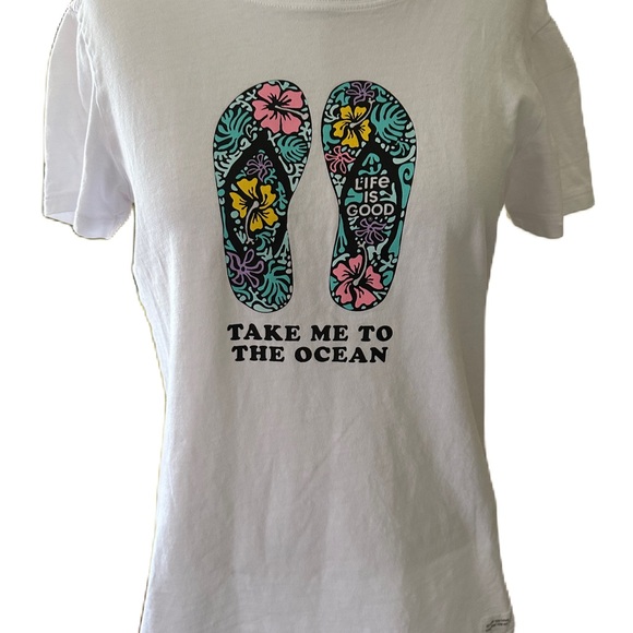 Life Is Good Women’s White Take Me To The Ocean Flip Flops Logo Crusher tee. Med - Picture 1 of 7